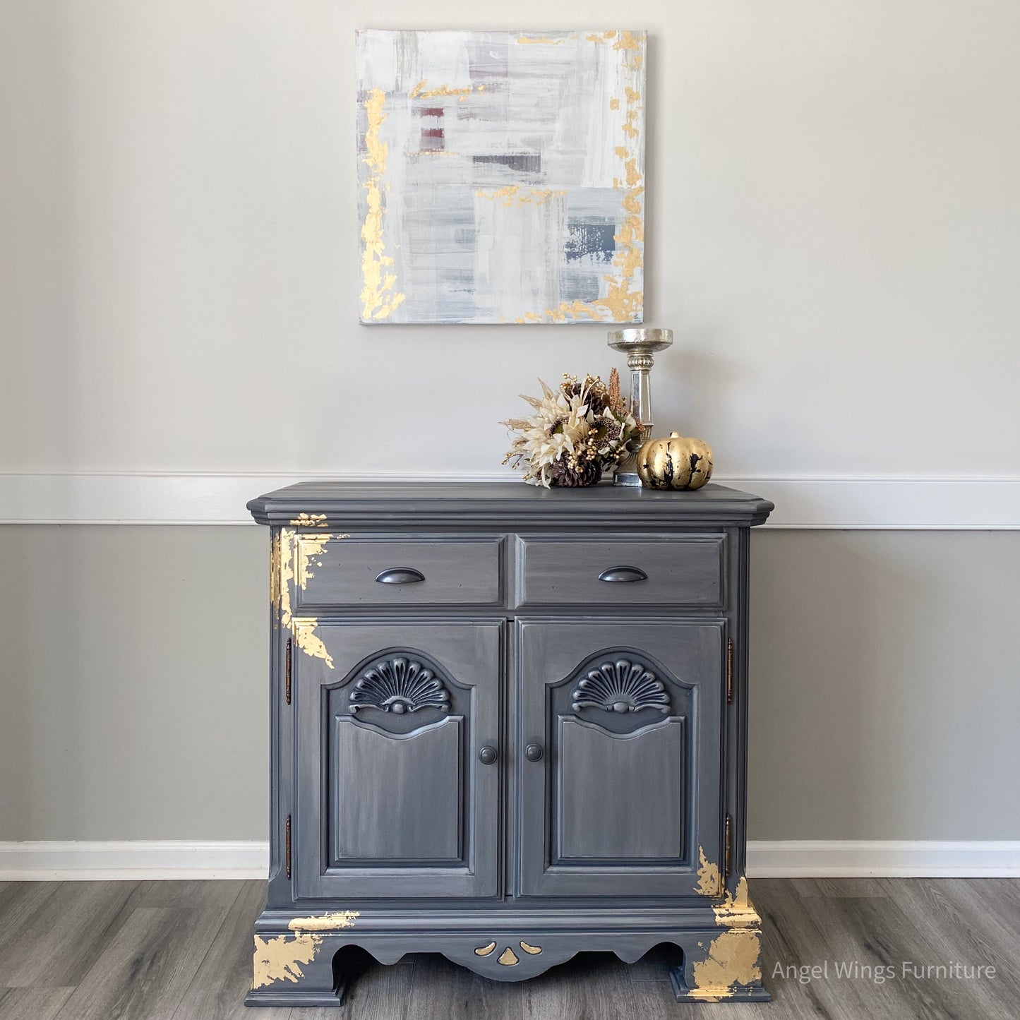 Buffet Cabinet. Kitchen Coffee Bar. Petite Sideboard Server. Painted Media or Entryway Console. Silver Gold Storage Chest.