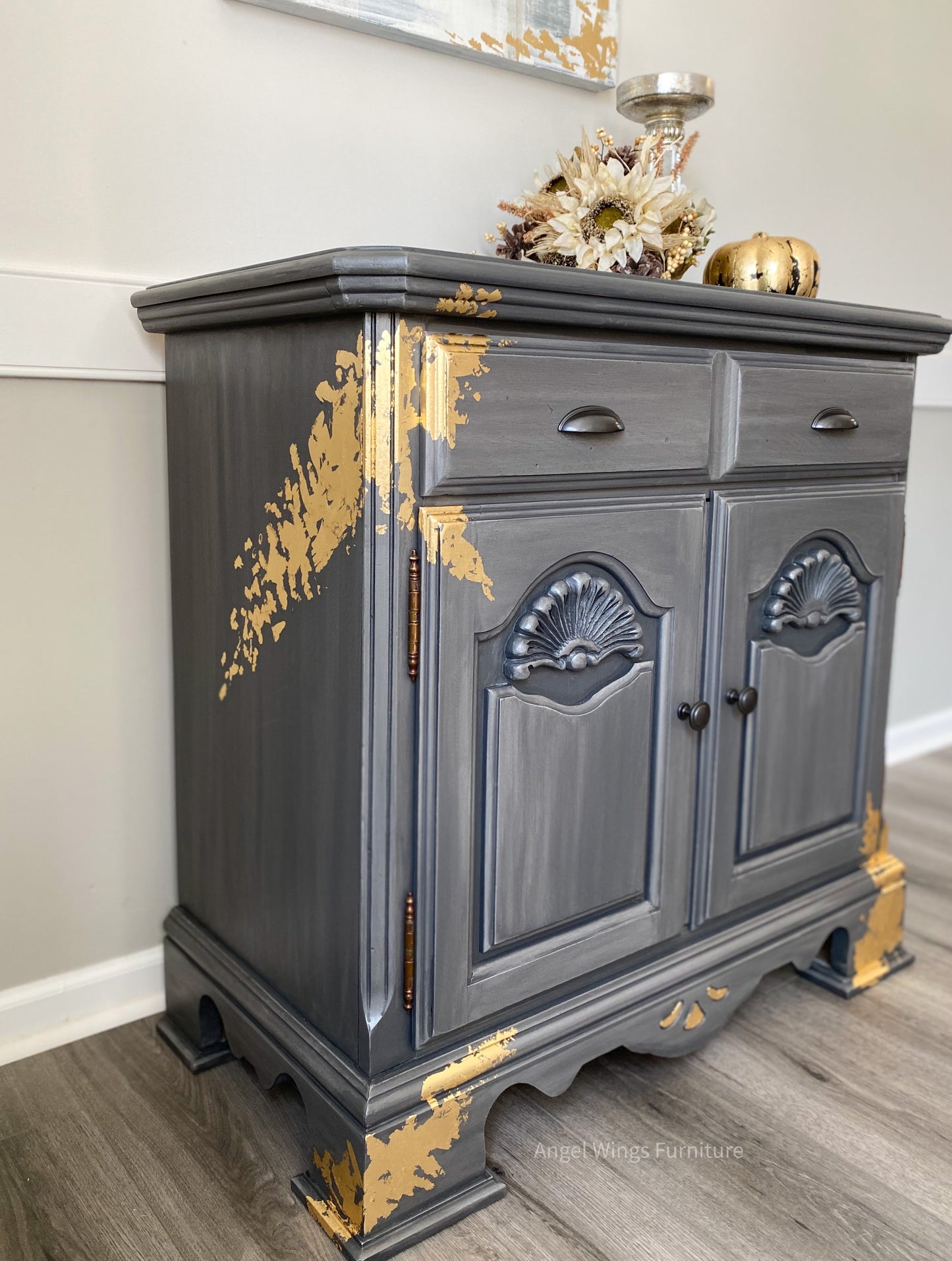 Buffet Cabinet. Kitchen Coffee Bar. Petite Sideboard Server. Painted Media or Entryway Console. Silver Gold Storage Chest.