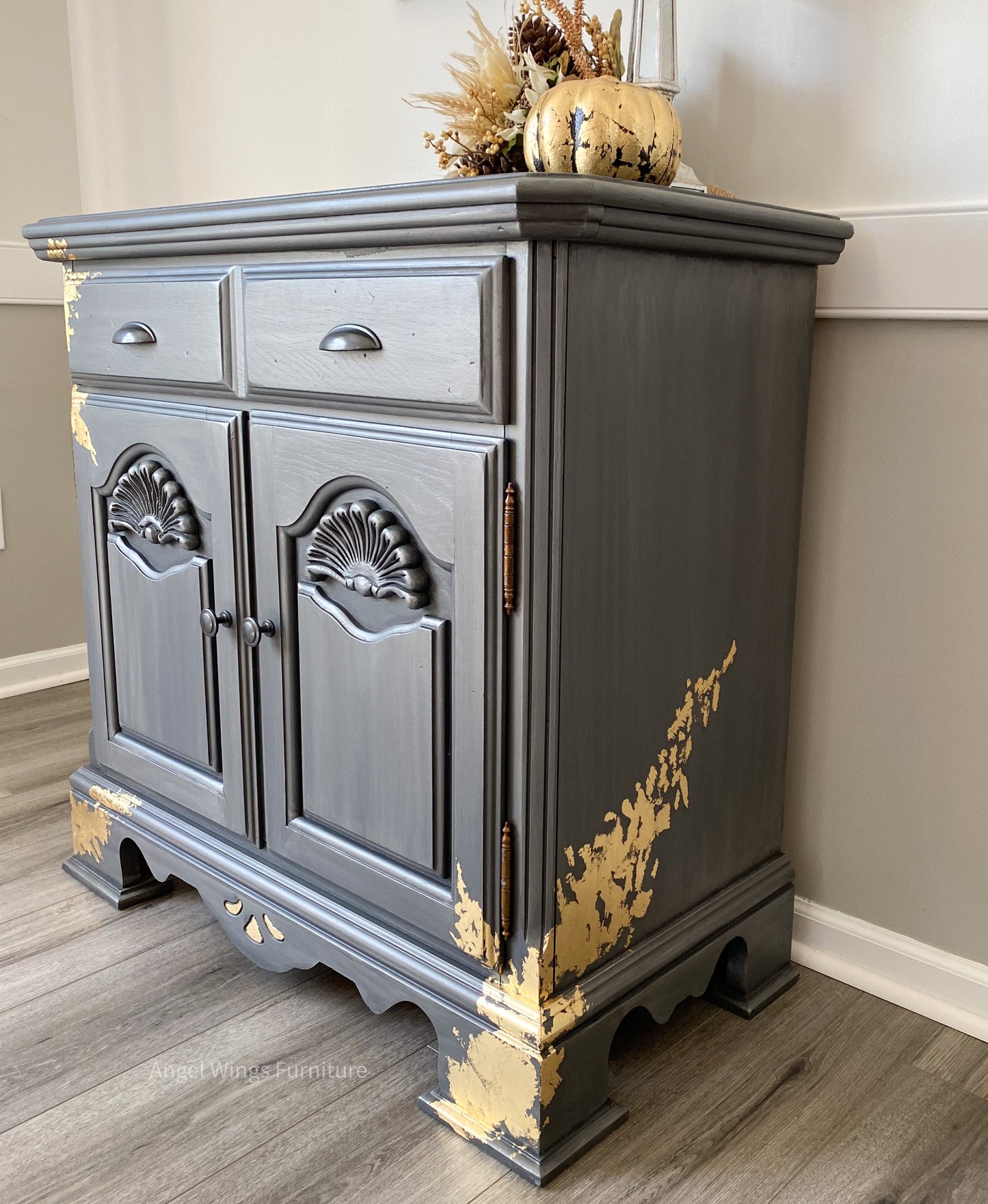 Buffet Cabinet. Kitchen Coffee Bar. Petite Sideboard Server. Painted Media or Entryway Console. Silver Gold Storage Chest.