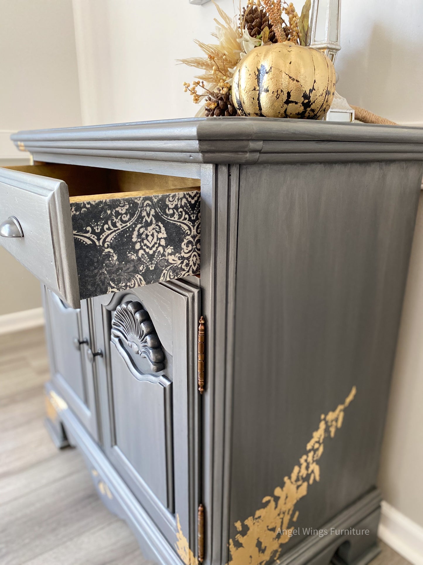 Buffet Cabinet. Kitchen Coffee Bar. Petite Sideboard Server. Painted Media or Entryway Console. Silver Gold Storage Chest.