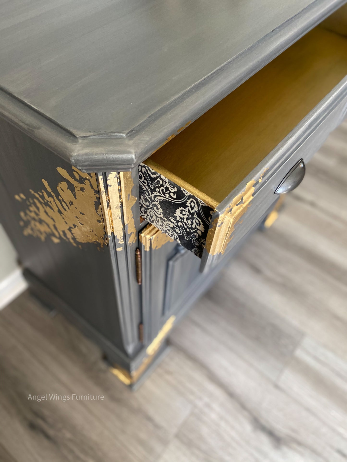 Buffet Cabinet. Kitchen Coffee Bar. Petite Sideboard Server. Painted Media or Entryway Console. Silver Gold Storage Chest.
