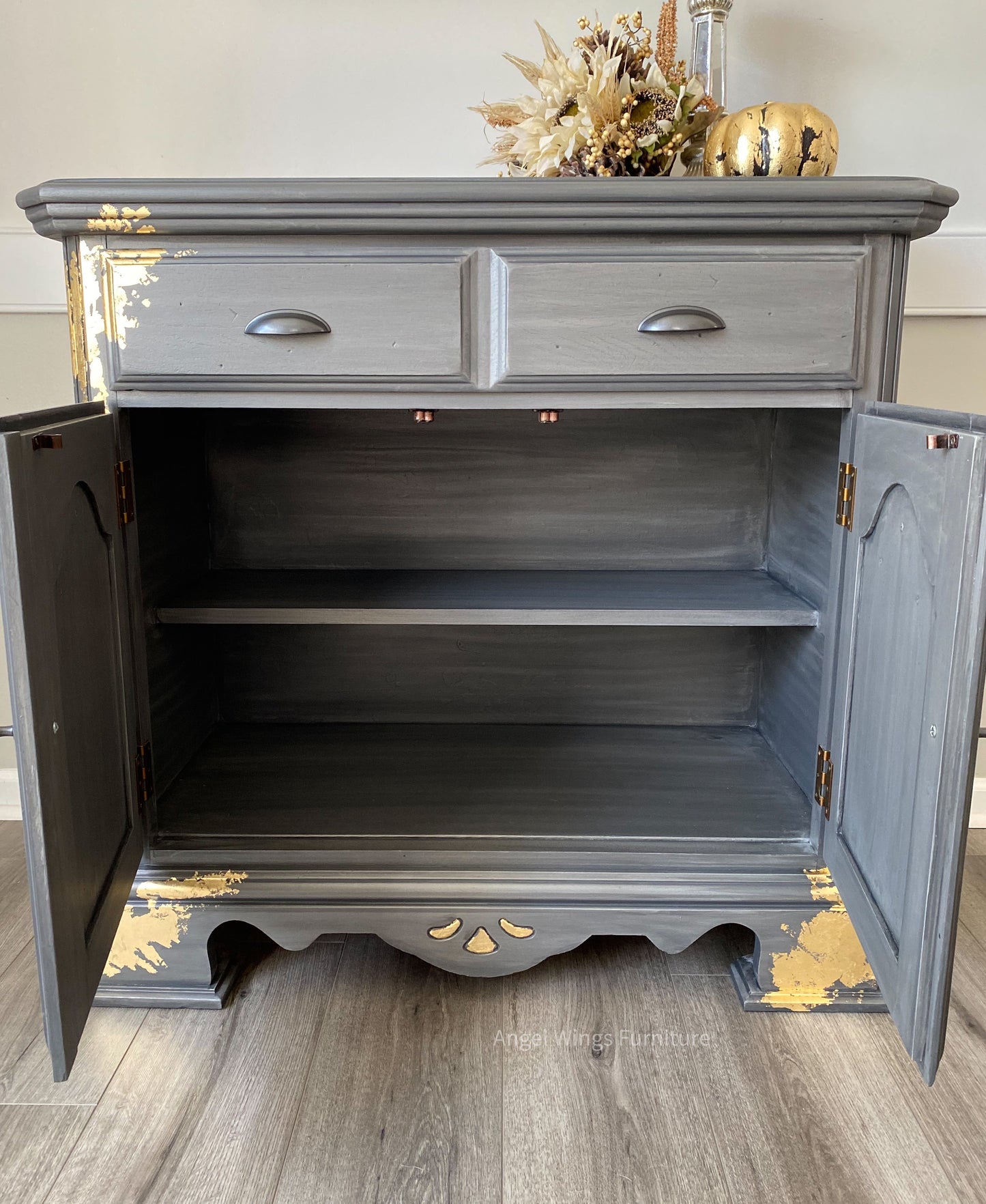 Buffet Cabinet. Kitchen Coffee Bar. Petite Sideboard Server. Painted Media or Entryway Console. Silver Gold Storage Chest.