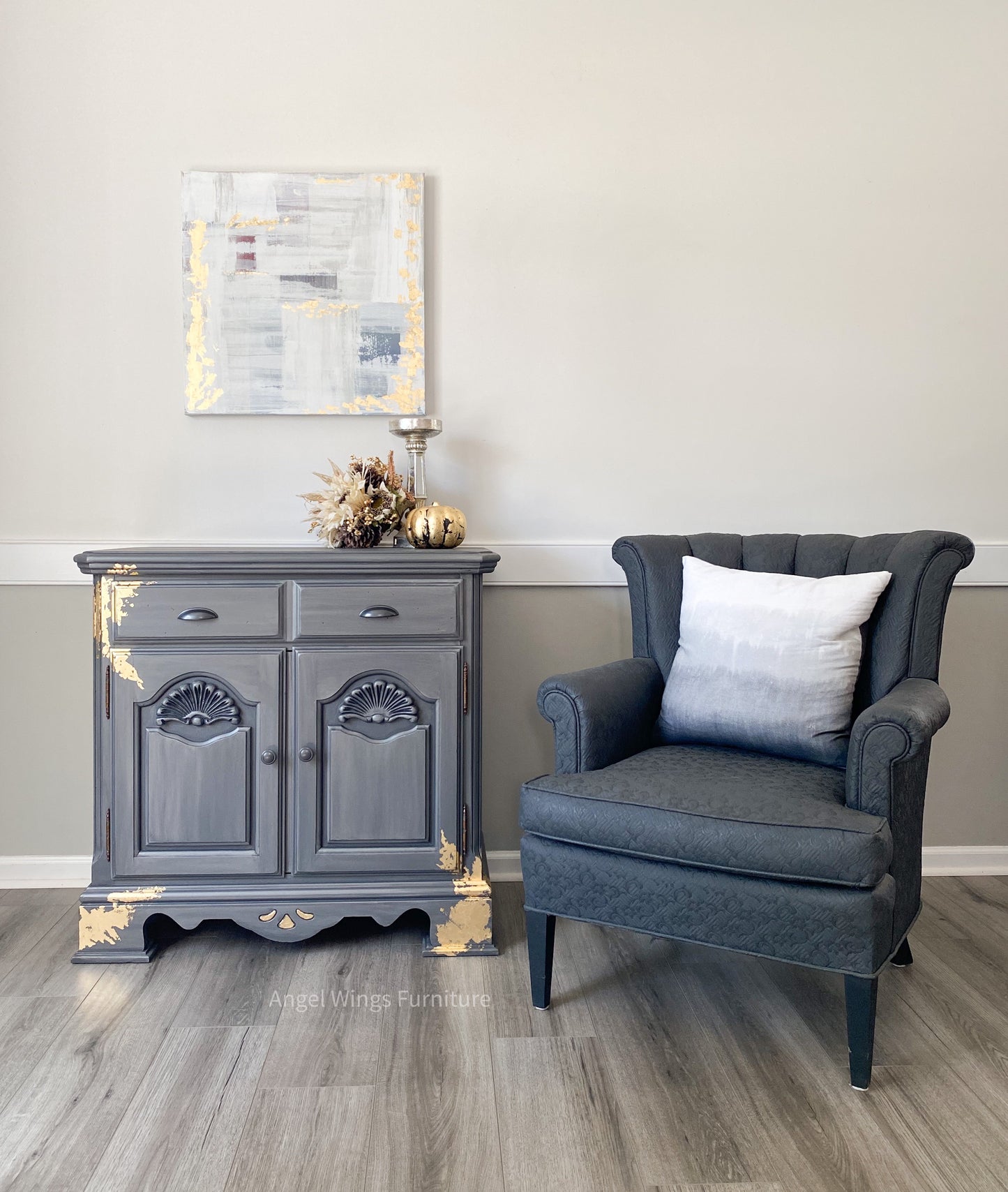 Buffet Cabinet. Kitchen Coffee Bar. Petite Sideboard Server. Painted Media or Entryway Console. Silver Gold Storage Chest.