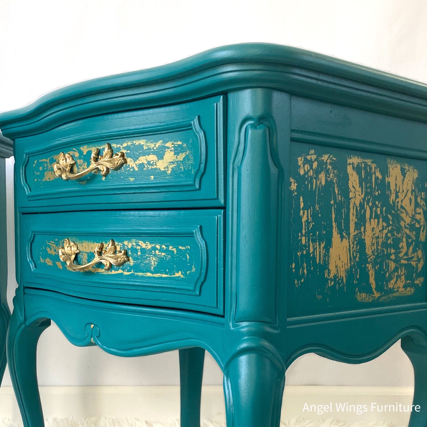 French Provincial Side Tables. French Country Nightstand Pair. Teal Gold Victorian Furniture. Painted End Tables. Low Bedside Tables
