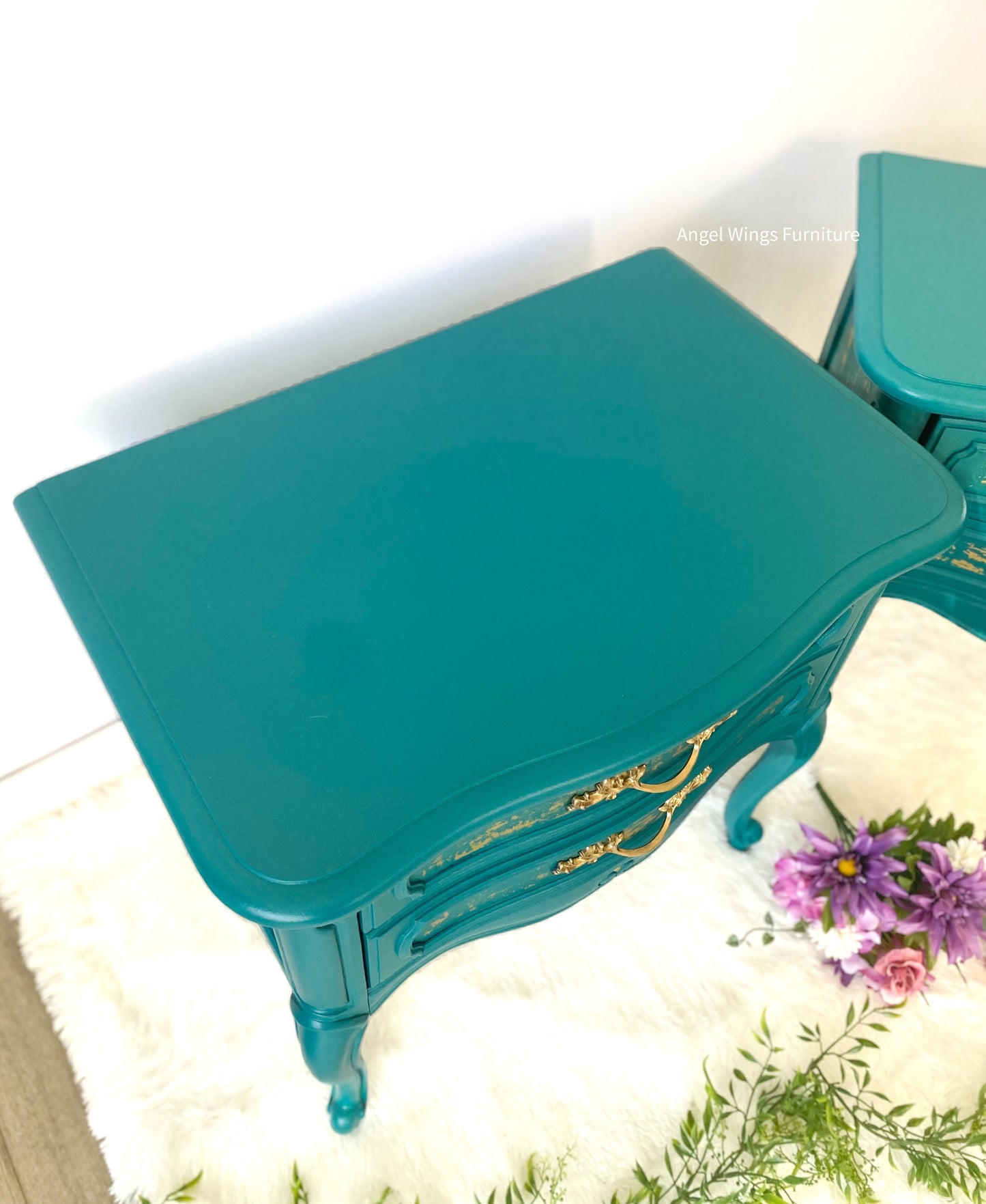 French Provincial Side Tables. French Country Nightstand Pair. Teal Gold Victorian Furniture. Painted End Tables. Low Bedside Tables