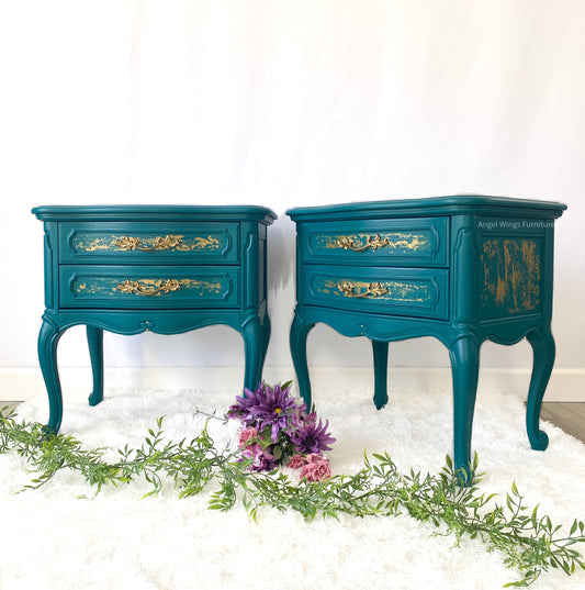 French Provincial Side Tables. French Country Nightstand Pair. Teal Gold Victorian Furniture. Painted End Tables. Low Bedside Tables