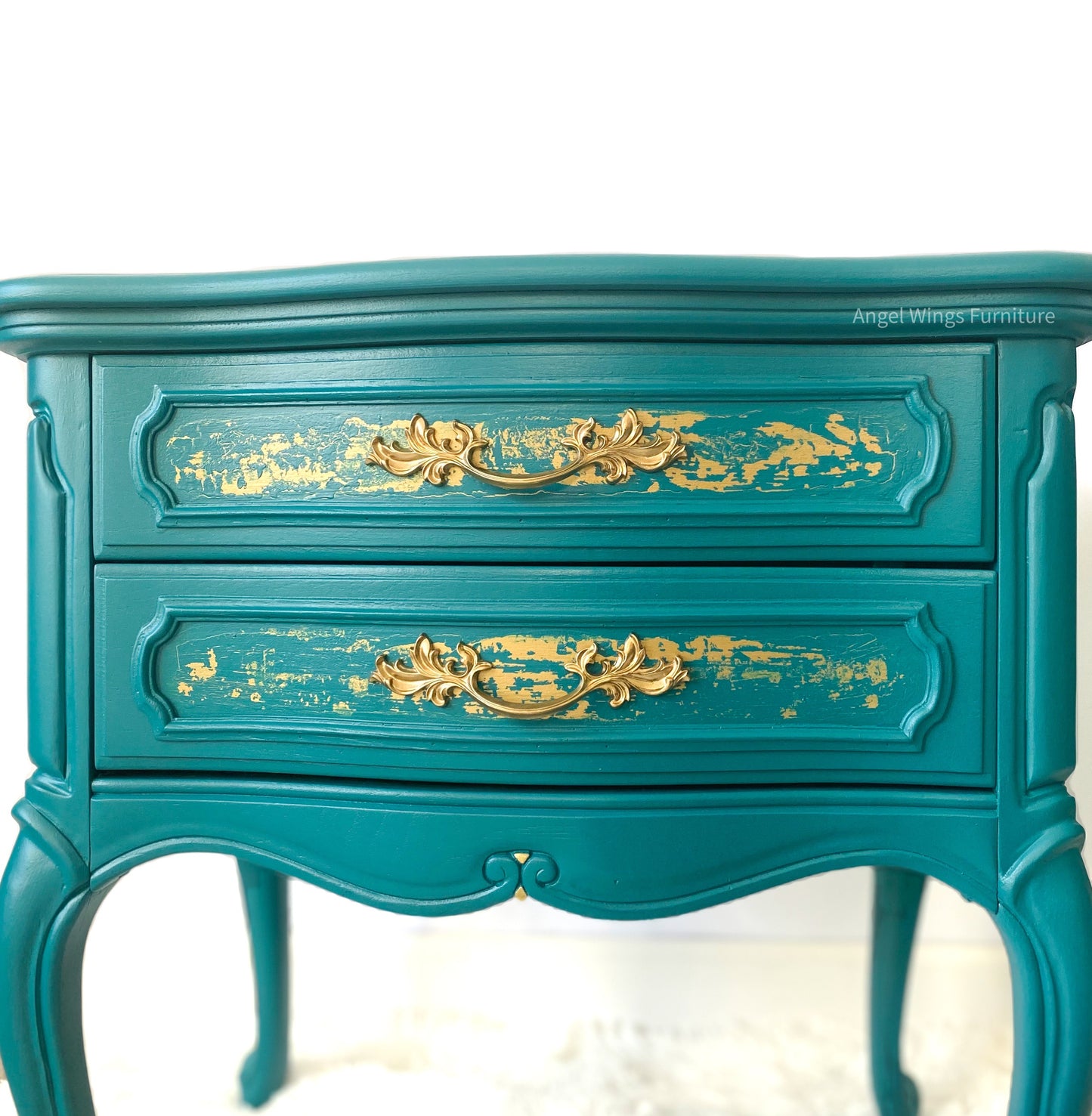 French Provincial Side Tables. French Country Nightstand Pair. Teal Gold Victorian Furniture. Painted End Tables. Low Bedside Tables
