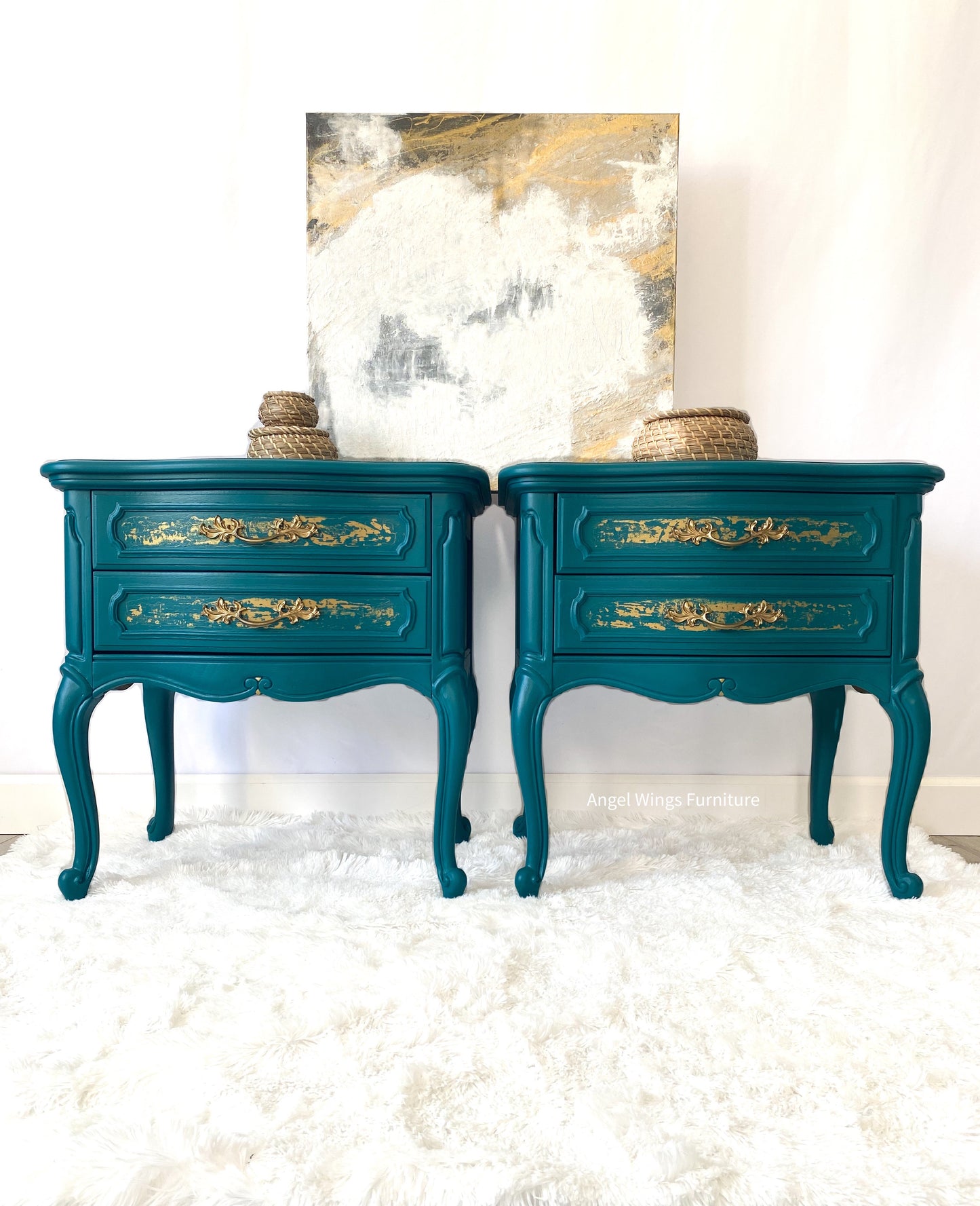 French Provincial Side Tables. French Country Nightstand Pair. Teal Gold Victorian Furniture. Painted End Tables. Low Bedside Tables