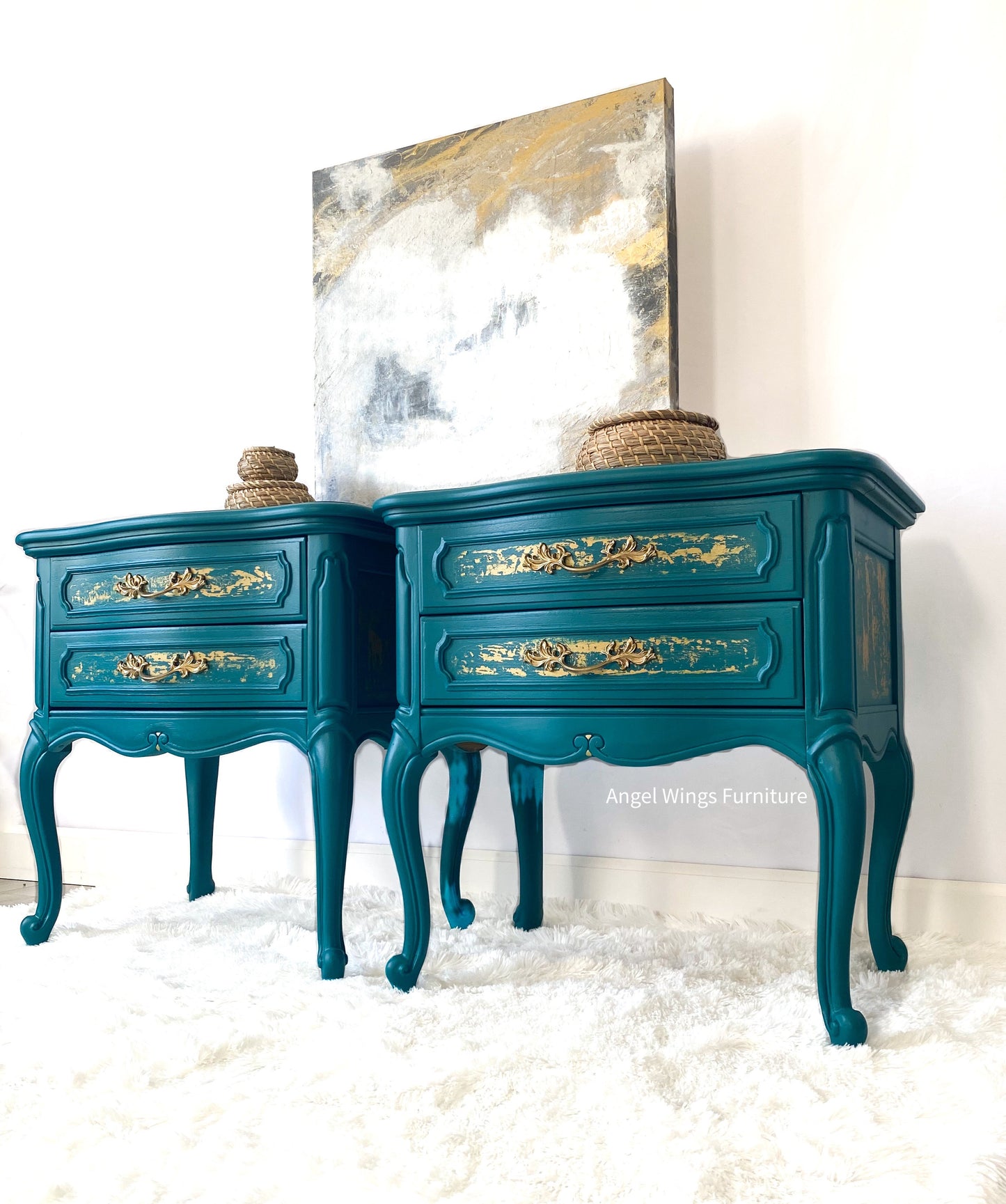 French Provincial Side Tables. French Country Nightstand Pair. Teal Gold Victorian Furniture. Painted End Tables. Low Bedside Tables