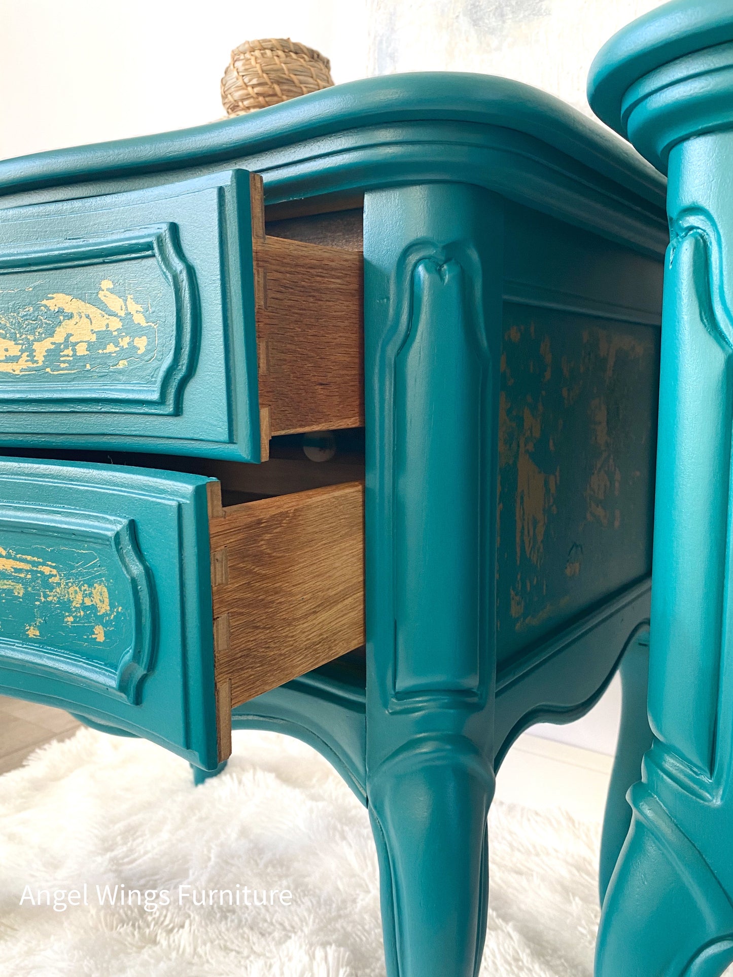 French Provincial Side Tables. French Country Nightstand Pair. Teal Gold Victorian Furniture. Painted End Tables. Low Bedside Tables
