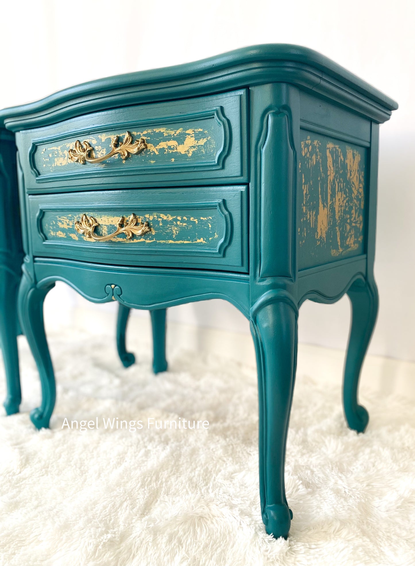 French Provincial Side Tables. French Country Nightstand Pair. Teal Gold Victorian Furniture. Painted End Tables. Low Bedside Tables